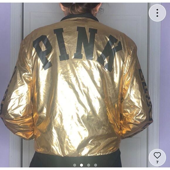 VS PINK bomber Jacket metallic gold foil black sz large - Picture 3 of 10
